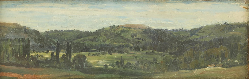 Théodore Rousseau (French, 1812-1867), Paysage, oil on paper laid on board, 10.8 x 33cm